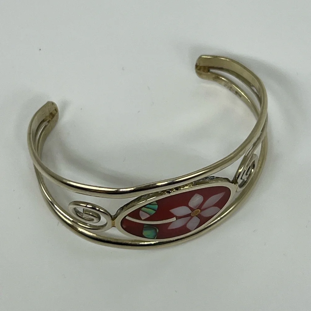 EUC~ Silver Abalone Pearl Inlay Red Carnelian Shell Mexico Cuff Flower Bracelet